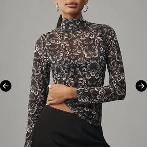 Anthropologie Sheer Black Floral & Butterfly Mock Neck Top